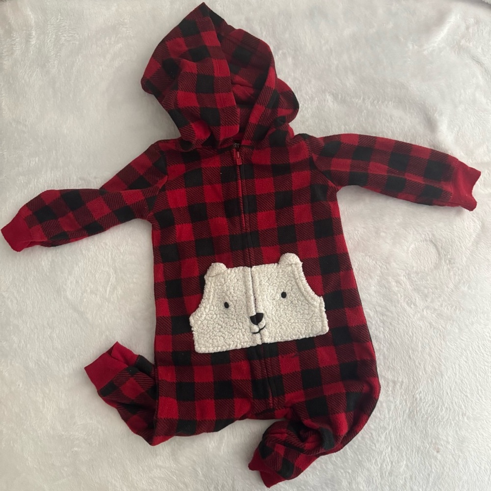 Carter's Red and Black Checkered Footie with Bear Pocket